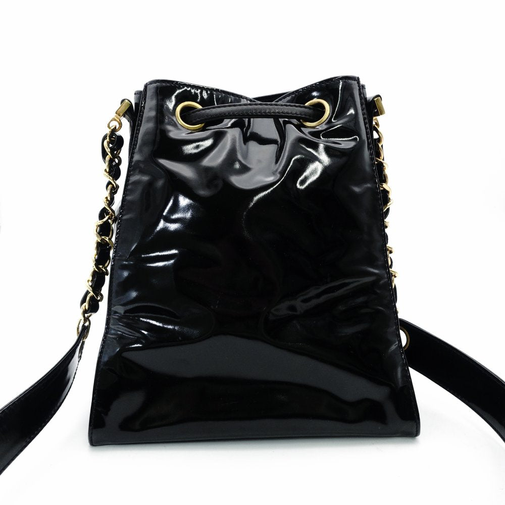 CHANEL Chain Shoulder Bag Drawstring Pouch Patent Leather Black Leather Coco Logo Black Gold Hardware 7-10-999