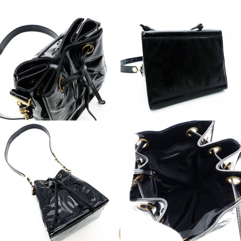 CHANEL Chain Shoulder Bag Drawstring Pouch Patent Leather Black Leather Coco Logo Black Gold Hardware 7-10-999