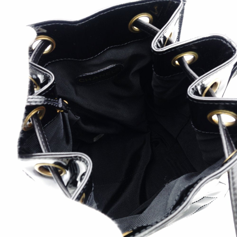 CHANEL Chain Shoulder Bag Drawstring Pouch Patent Leather Black Leather Coco Logo Black Gold Hardware 7-10-999