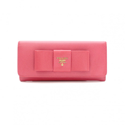 PRADA Ribbon Saffiano Long Wallet, Leather, Pink Ribbon, Gold Hardware