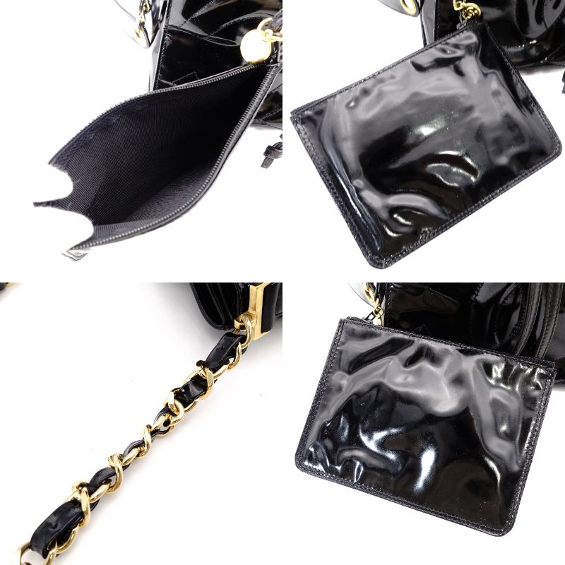 CHANEL Chain Shoulder Bag Drawstring Pouch Patent Leather Black Leather Coco Logo Black Gold Hardware 7-10-999