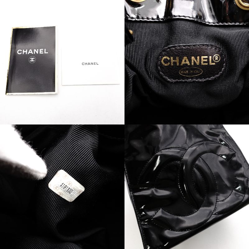 CHANEL Chain Shoulder Bag Drawstring Pouch Patent Leather Black Leather Coco Logo Black Gold Hardware 7-10-999