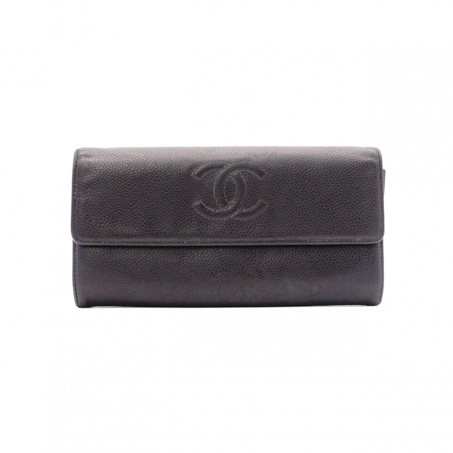 CHANEL Coco Mark Caviar Skin Long Wallet, Leather, Black, Coco Mark, CC Logo, Wallet
