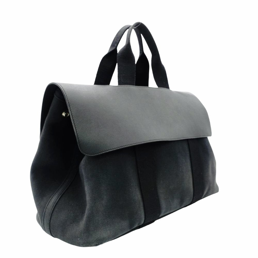 HERMES Valparaiso MM Tote Bag Black Canvas Leather Black Handbag R801121