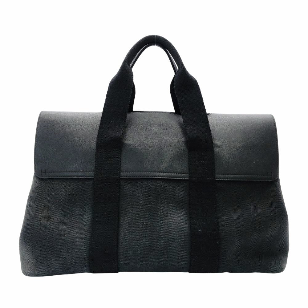 HERMES Valparaiso MM Tote Bag Black Canvas Leather Black Handbag R801121