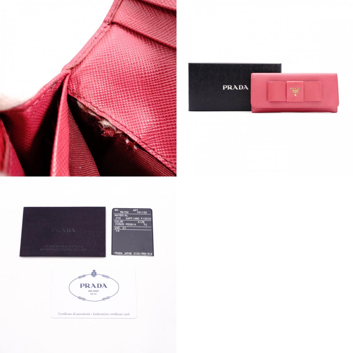 PRADA Ribbon Saffiano Long Wallet, Leather, Pink Ribbon, Gold Hardware