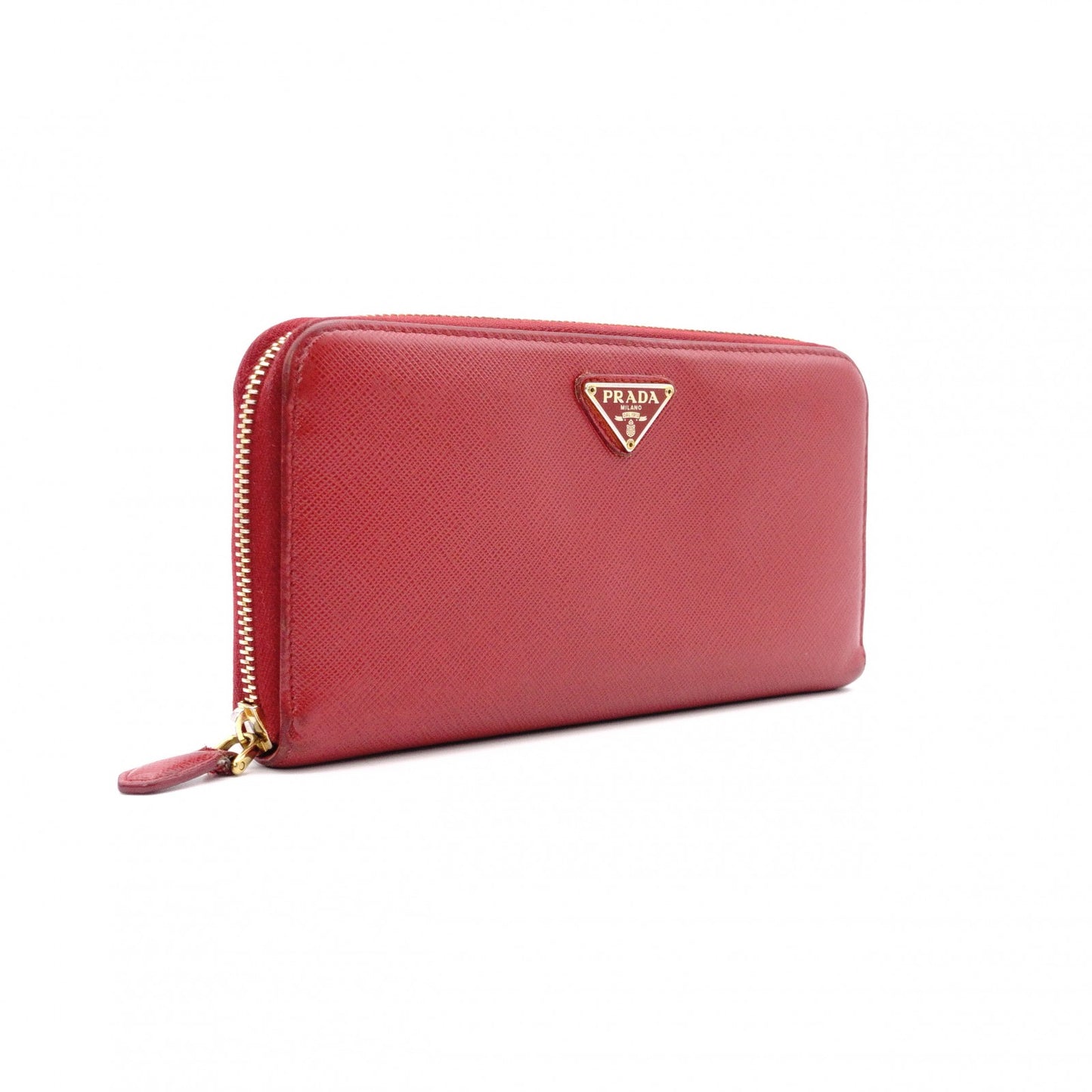 PRADA Saffiano Long Wallet, Leather, Red, Triangle Logo, Red with Gold Hardware