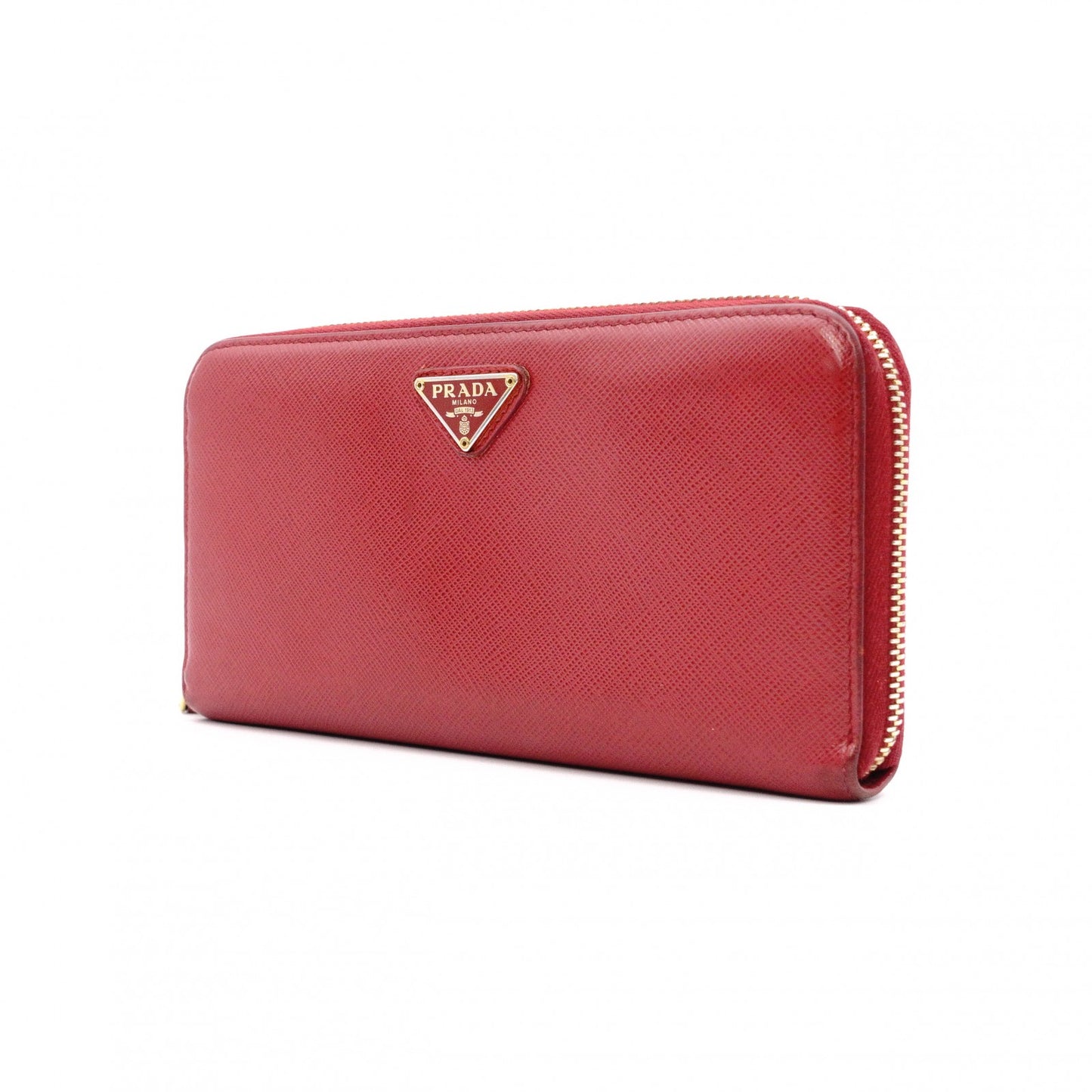 PRADA Saffiano Long Wallet, Leather, Red, Triangle Logo, Red with Gold Hardware