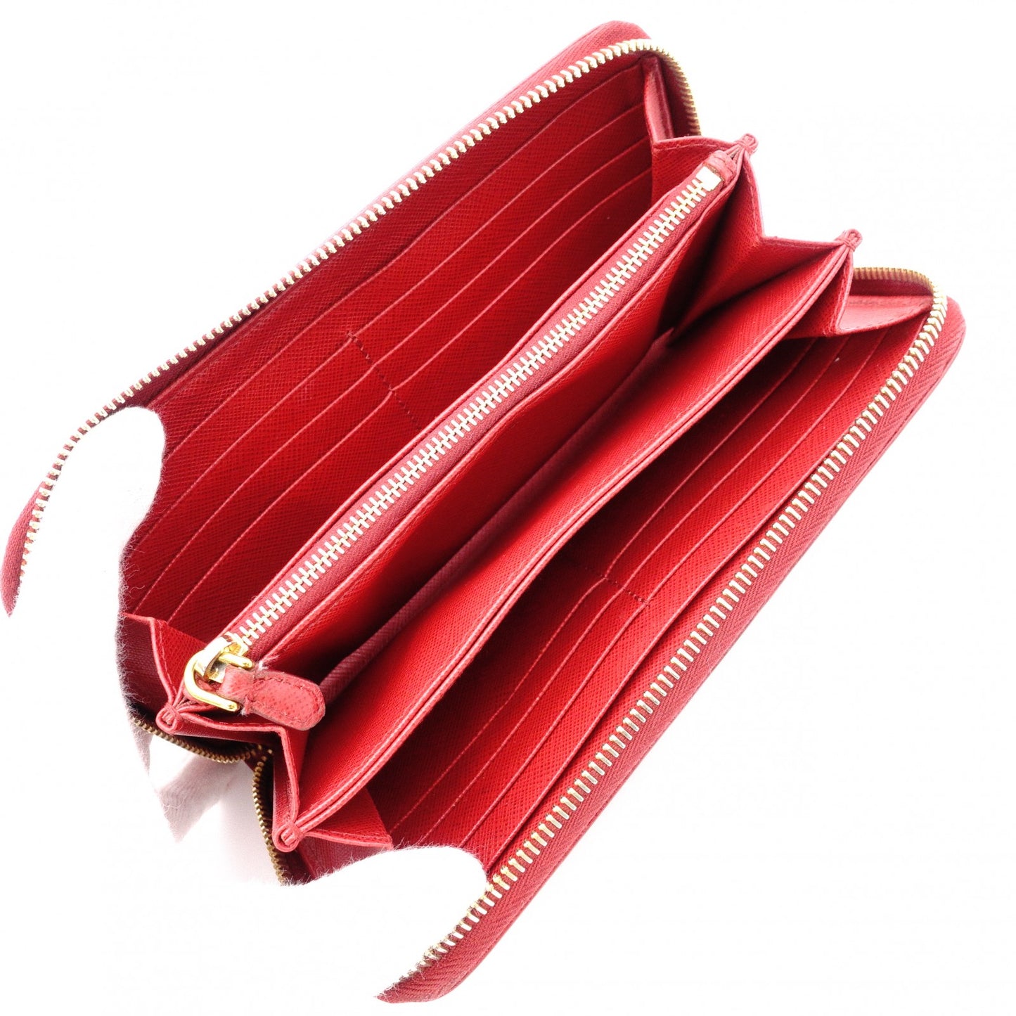 PRADA Saffiano Long Wallet, Leather, Red, Triangle Logo, Red with Gold Hardware