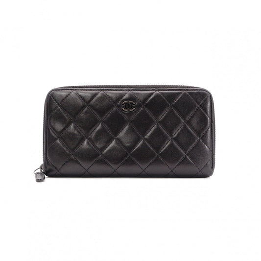 CHANEL Lambskin Matelassé Round Zippy Long Wallet, Leather, Black, Gunmetal, CC Logo, Coco Logo