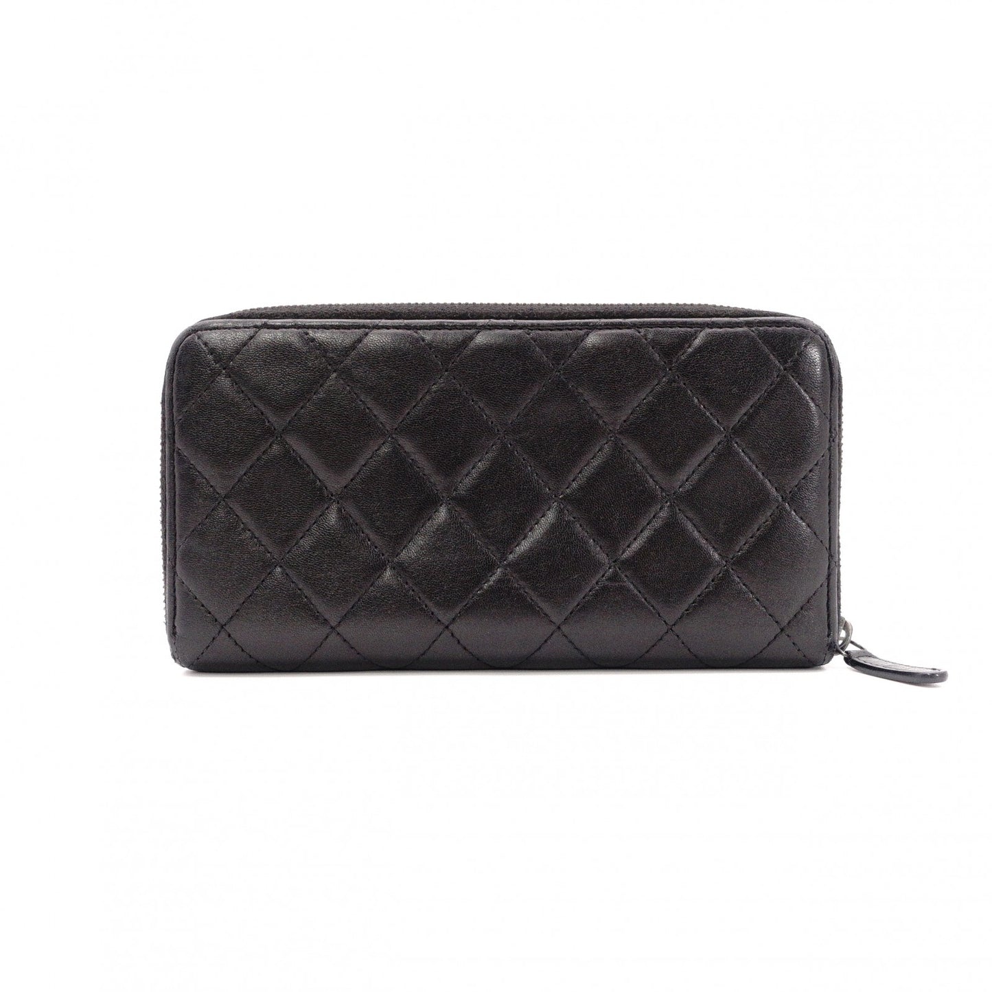 CHANEL Lambskin Matelassé Round Zippy Long Wallet, Leather, Black, Gunmetal, CC Logo, Coco Logo