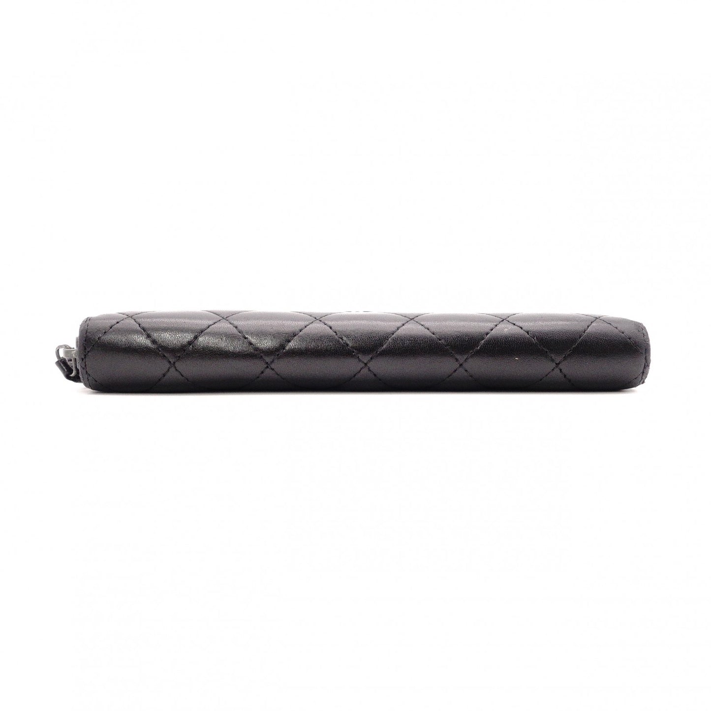 CHANEL Lambskin Matelassé Round Zippy Long Wallet, Leather, Black, Gunmetal, CC Logo, Coco Logo