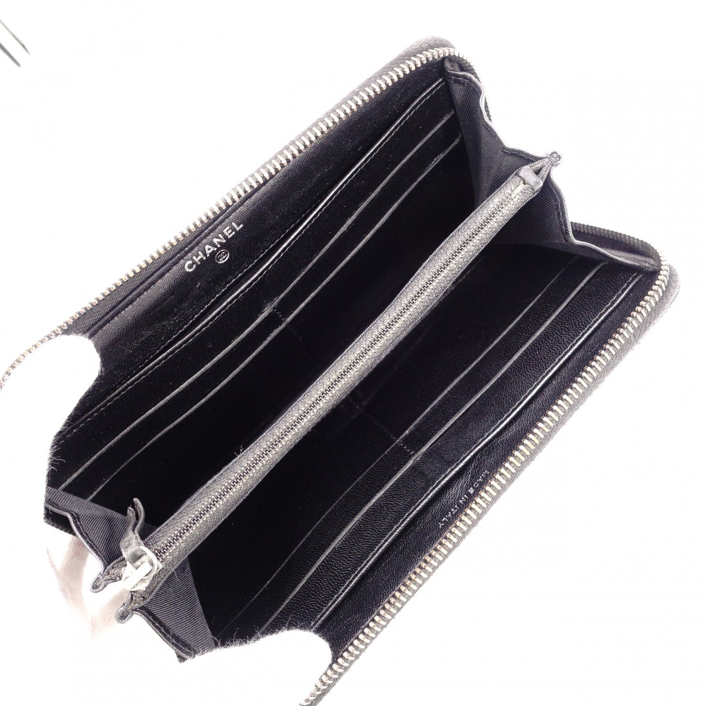 CHANEL Lambskin Matelassé Round Zippy Long Wallet, Leather, Black, Gunmetal, CC Logo, Coco Logo