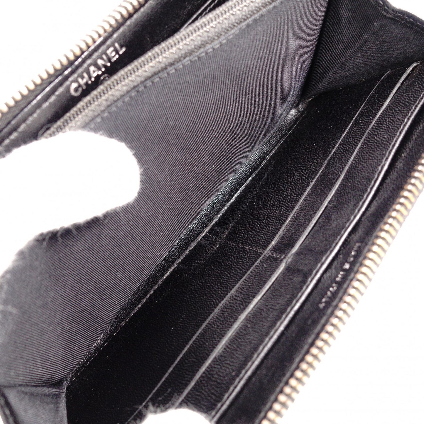 CHANEL Lambskin Matelassé Round Zippy Long Wallet, Leather, Black, Gunmetal, CC Logo, Coco Logo