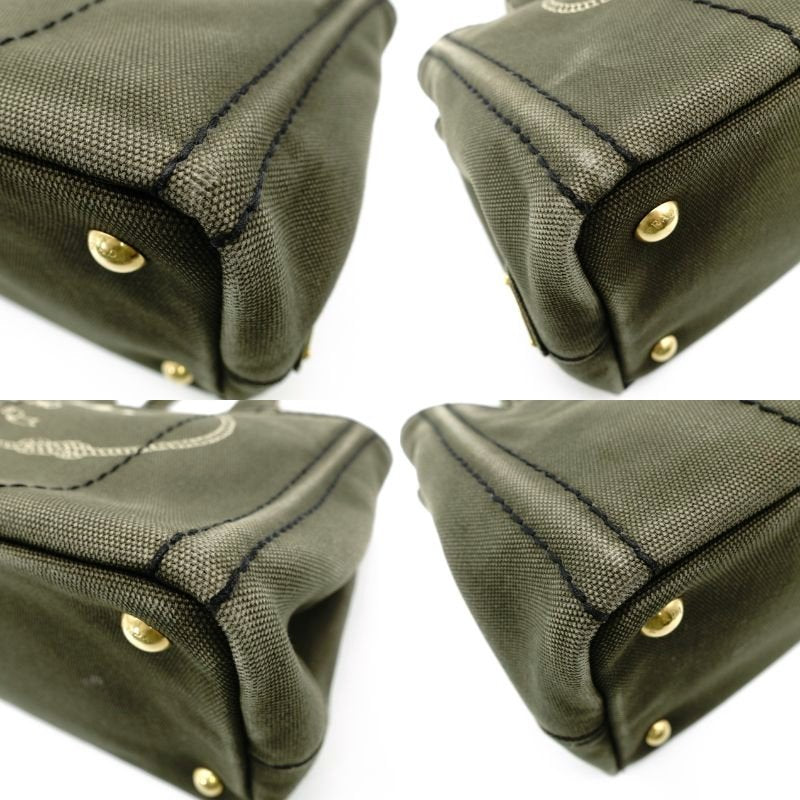 PRADA Canapa Handbag Khaki 2-Way Canvas Crossbody Stripe Women's R801234