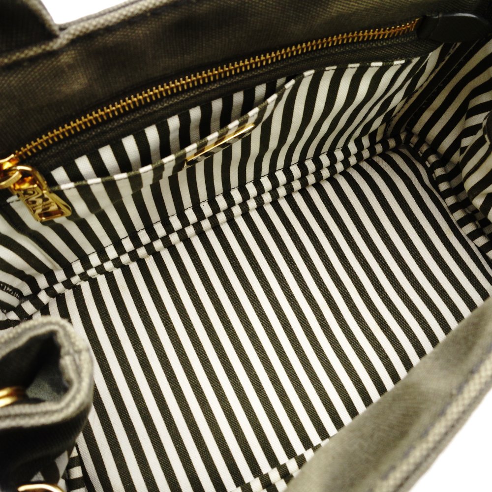 PRADA Canapa Handbag Khaki 2-Way Canvas Crossbody Stripe Women's R801234