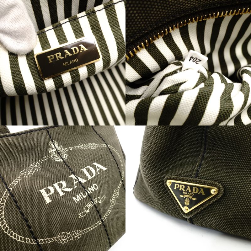 PRADA Canapa Handbag Khaki 2-Way Canvas Crossbody Stripe Women's R801234