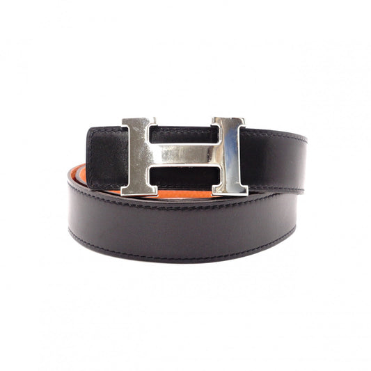 HERMES Constance Belt, Leather, Black and Orange, with “L” stamp, silver hardware