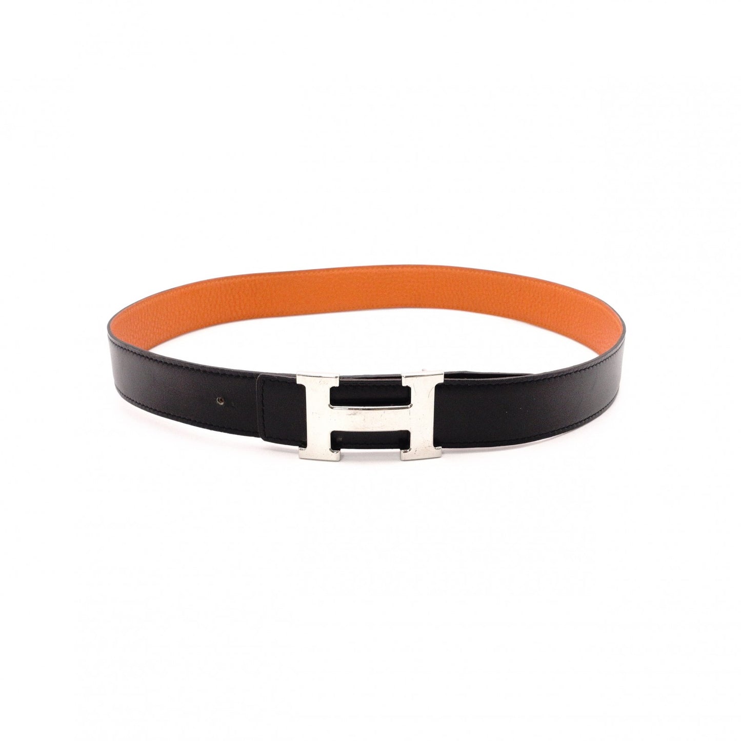 HERMES Constance Belt, Leather, Black and Orange, with “L” stamp, silver hardware