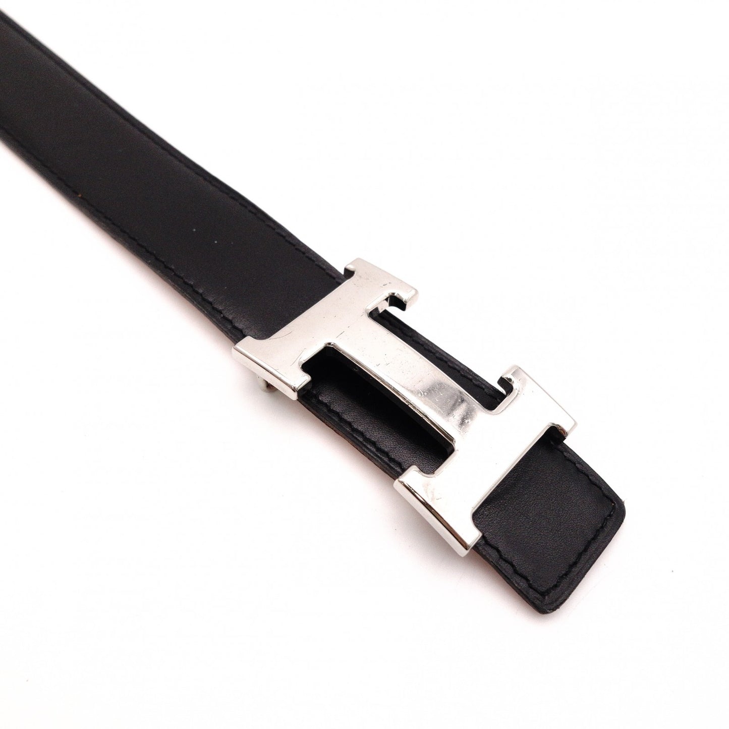 HERMES Constance Belt, Leather, Black and Orange, with “L” stamp, silver hardware