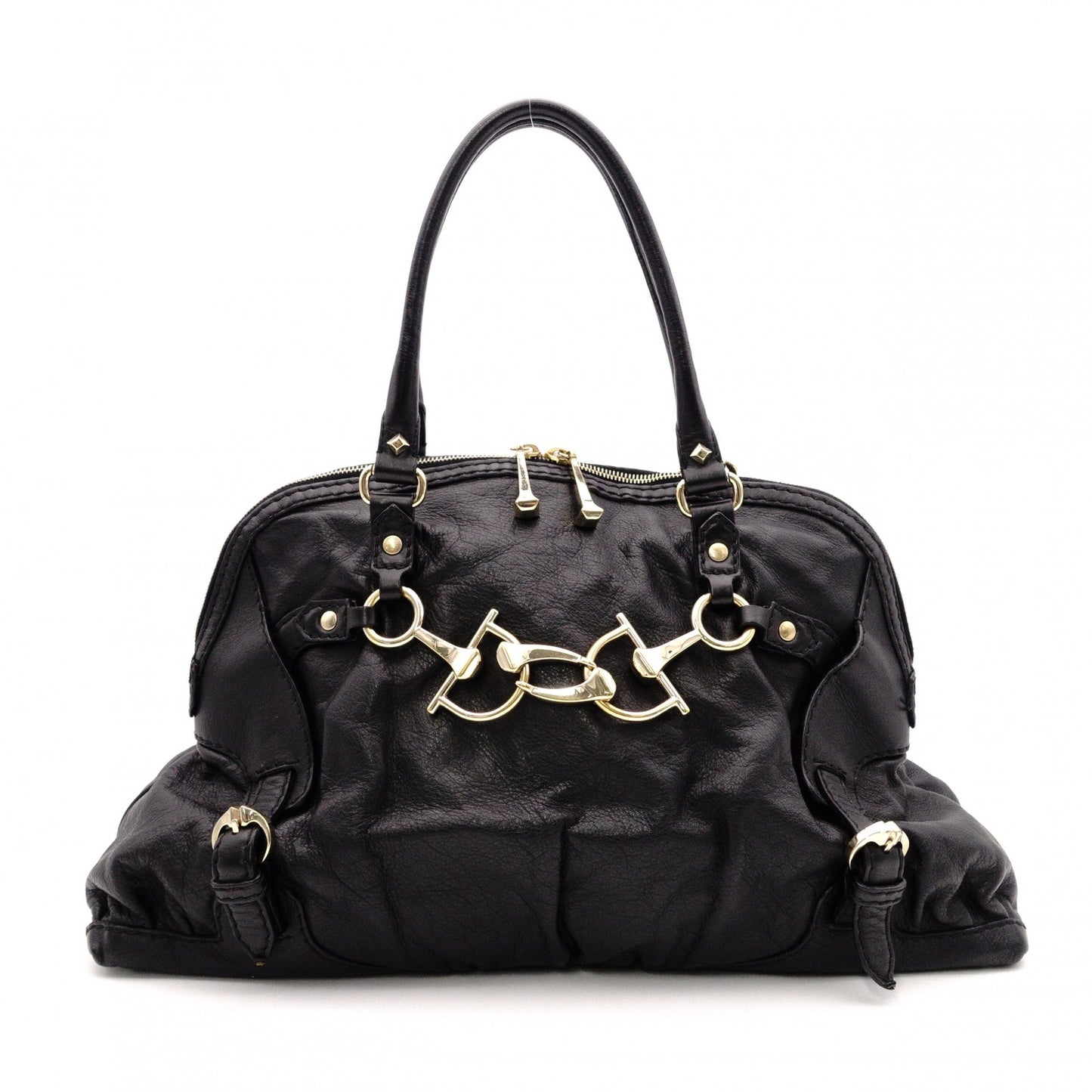 GUCCI Horsebit Shoulder Bag, Leather, Black, Gold Hardware, Tote Bag