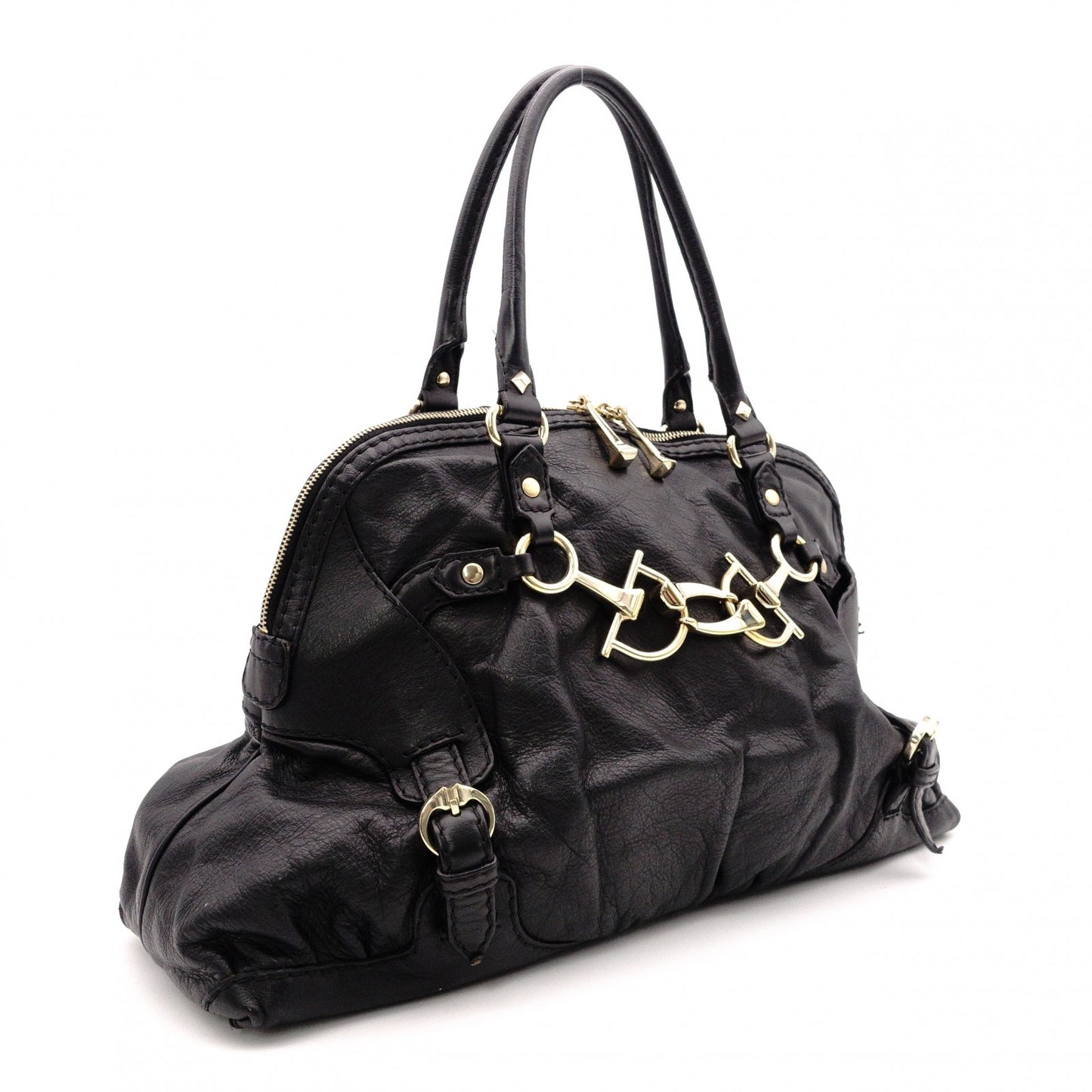 GUCCI Horsebit Shoulder Bag, Leather, Black, Gold Hardware, Tote Bag