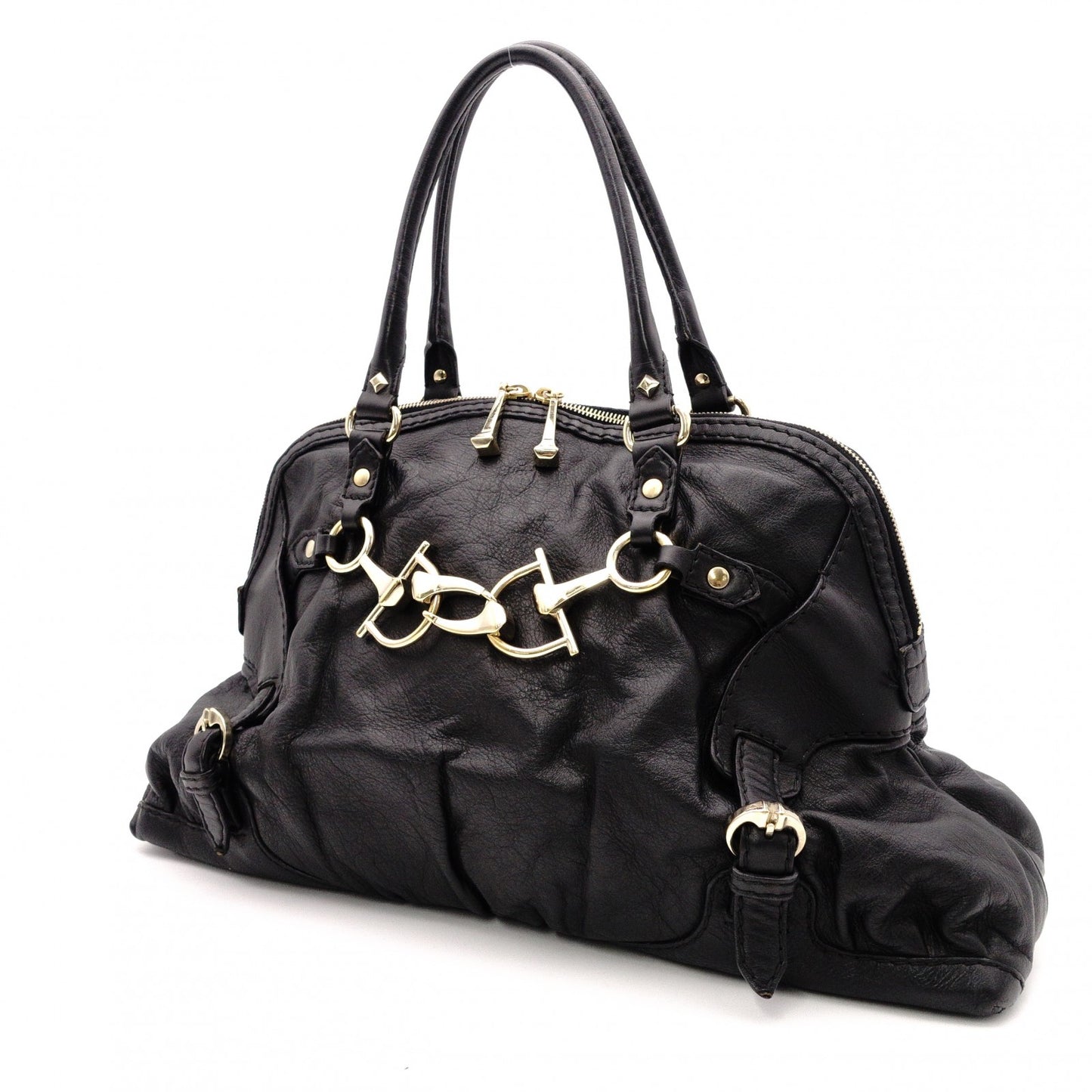 GUCCI Horsebit Shoulder Bag, Leather, Black, Gold Hardware, Tote Bag