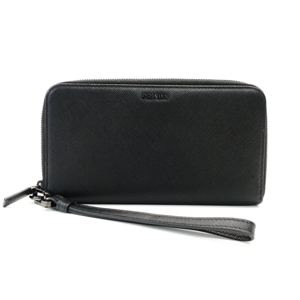 PRADA Round Fastener Long Wallet Black Saffiano Leather Black Men's Organizer 7-11-406