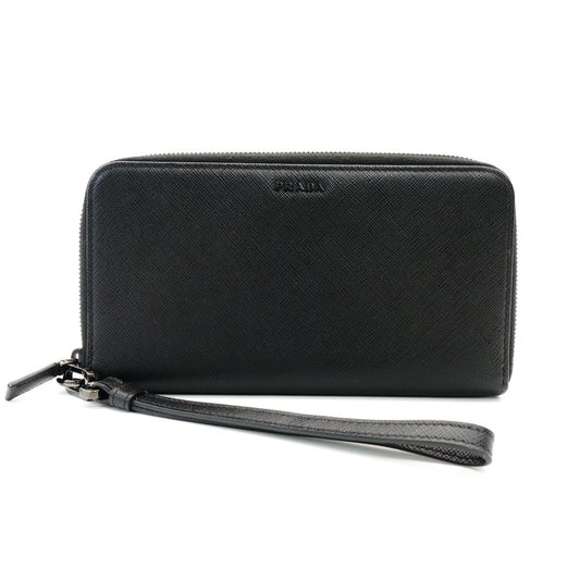 PRADA Round Fastener Long Wallet Black Saffiano Leather Black Men's Organizer 7-11-406