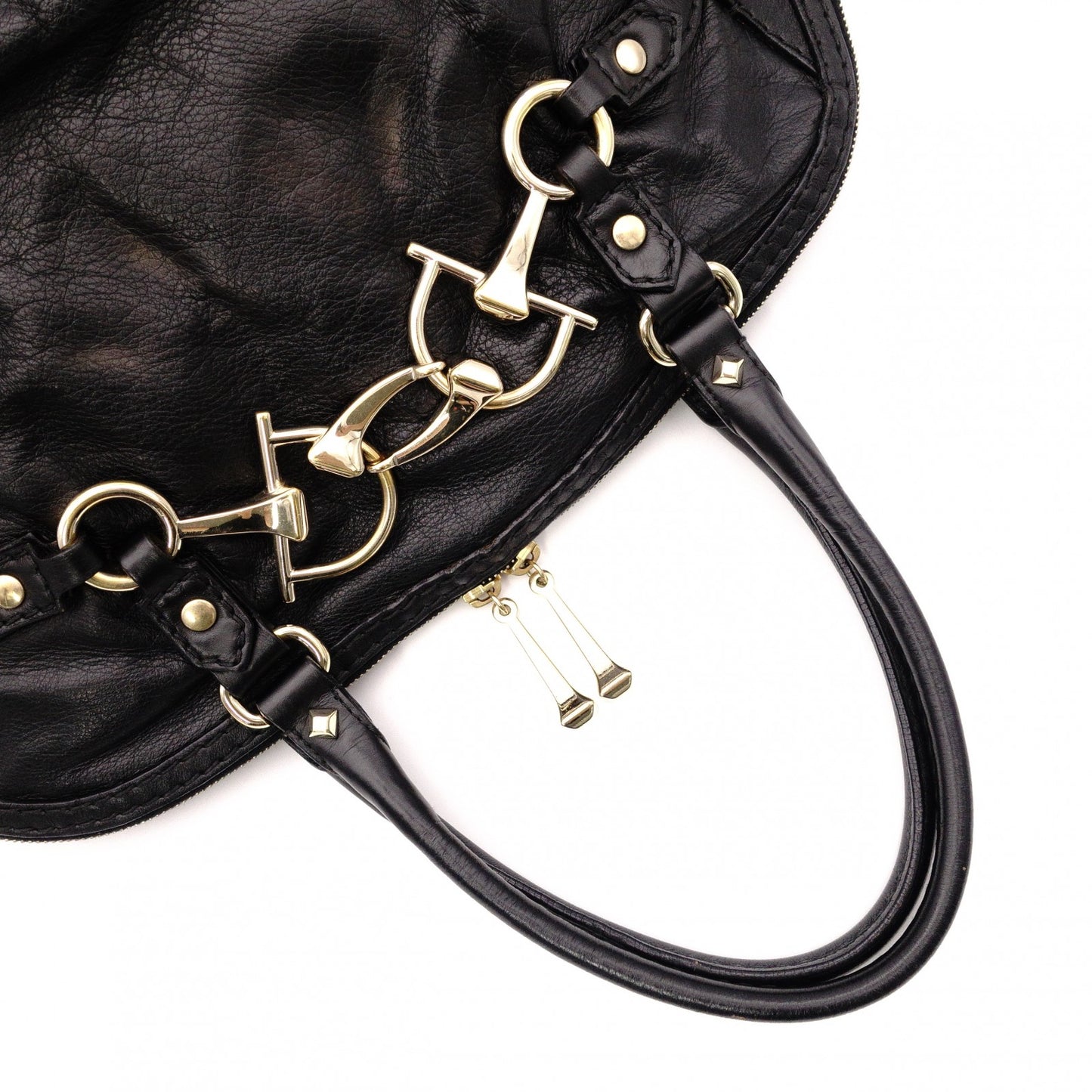 GUCCI Horsebit Shoulder Bag, Leather, Black, Gold Hardware, Tote Bag