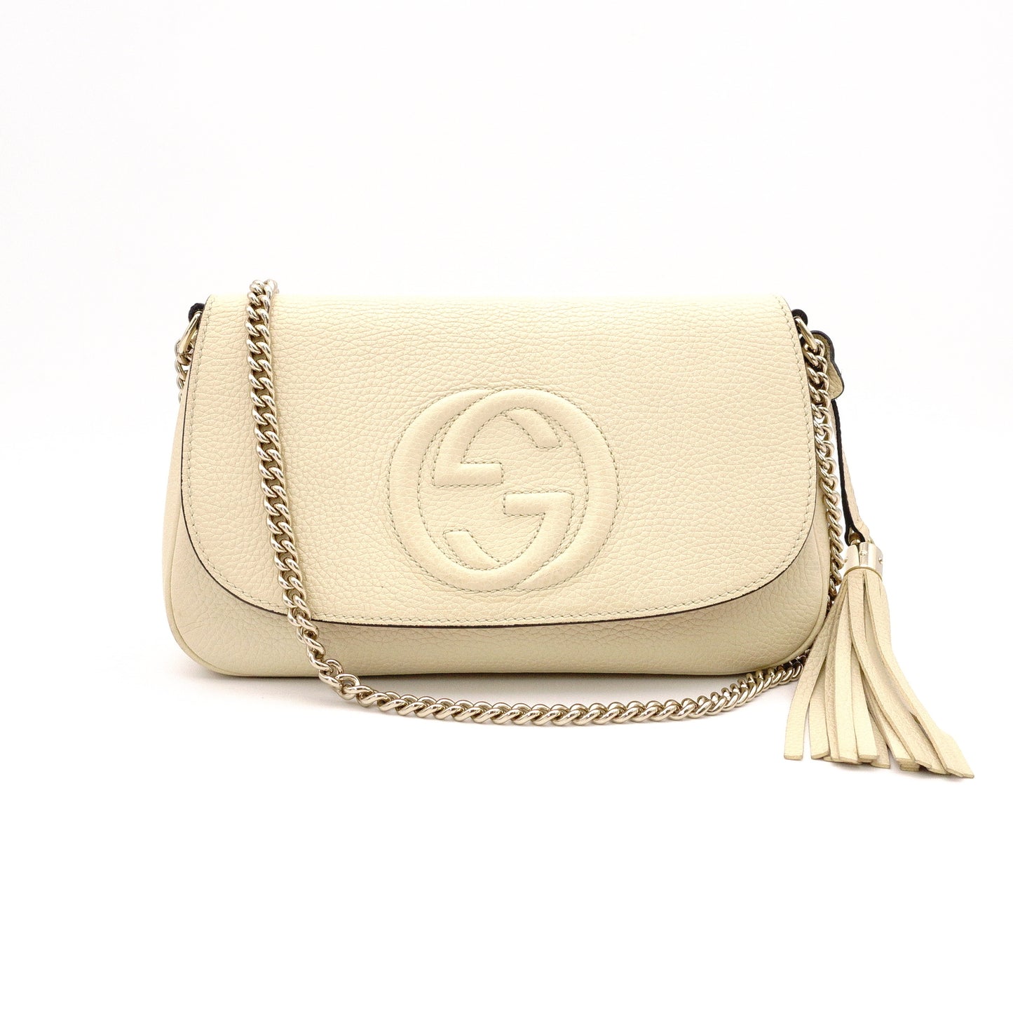GUCCI Soho Shoulder Bag, Leather, Beige, Crossbody, Gold Hardware, GG Logo