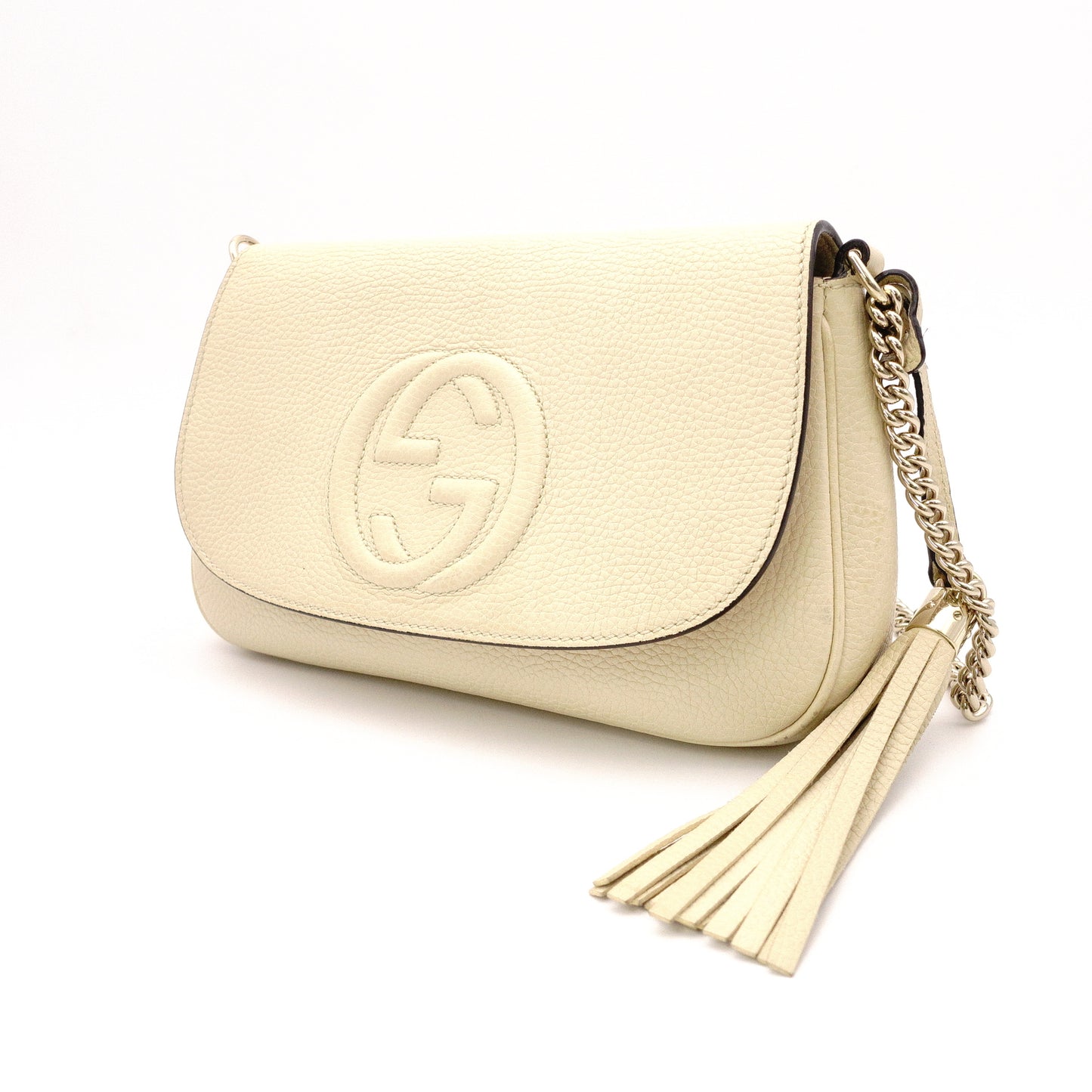 GUCCI Soho Shoulder Bag, Leather, Beige, Crossbody, Gold Hardware, GG Logo