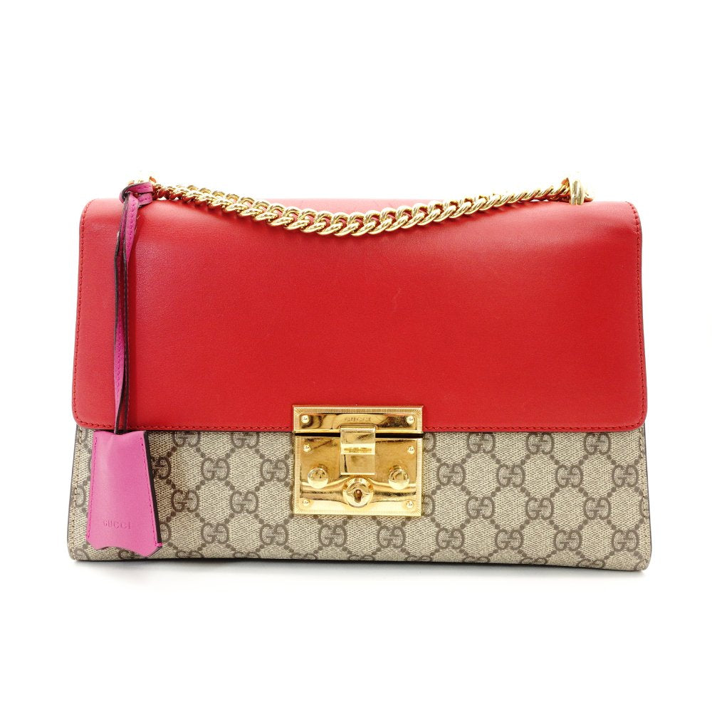 GUCCI Padlock GG Supreme Chain Shoulder Bag Beige × Pink × Red PVC Leather Crossbody R801097