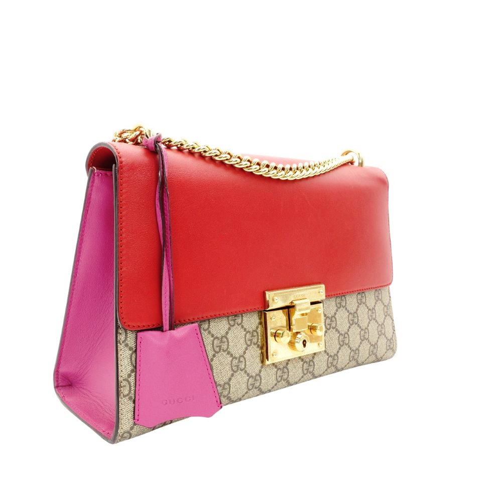 GUCCI Padlock GG Supreme Chain Shoulder Bag Beige × Pink × Red PVC Leather Crossbody R801097