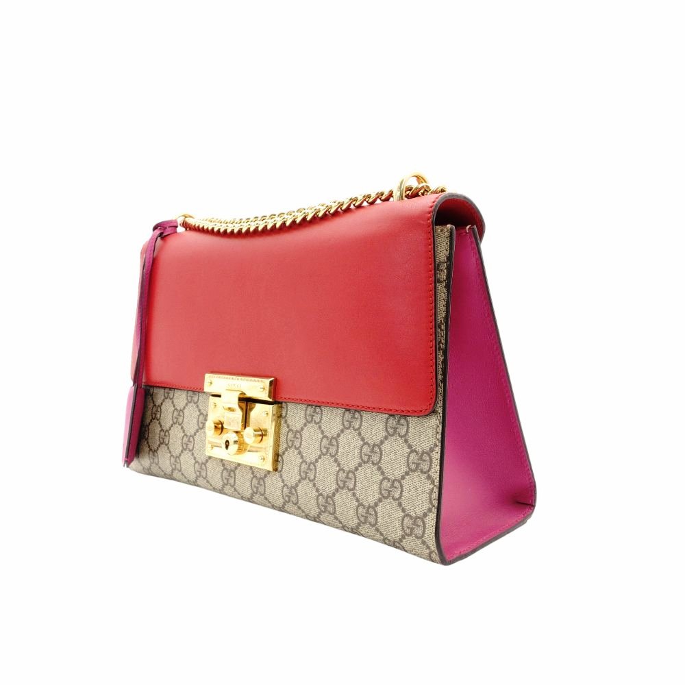 GUCCI Padlock GG Supreme Chain Shoulder Bag Beige × Pink × Red PVC Leather Crossbody R801097