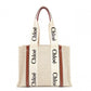 Chloe Woody Medium Tote Shoulder Bag, Cotton/Leather, Beige