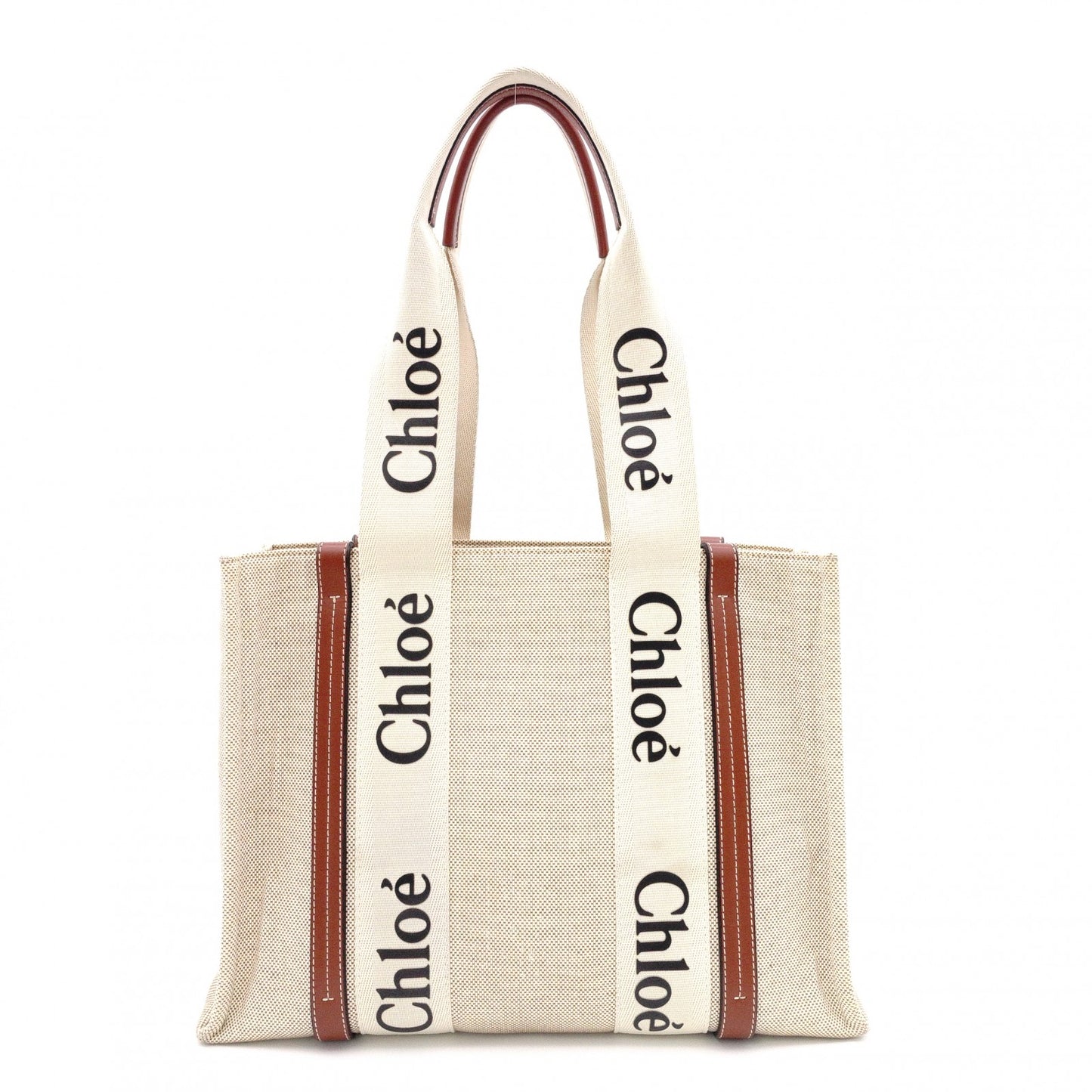 Chloe Woody Medium Tote Shoulder Bag, Cotton/Leather, Beige