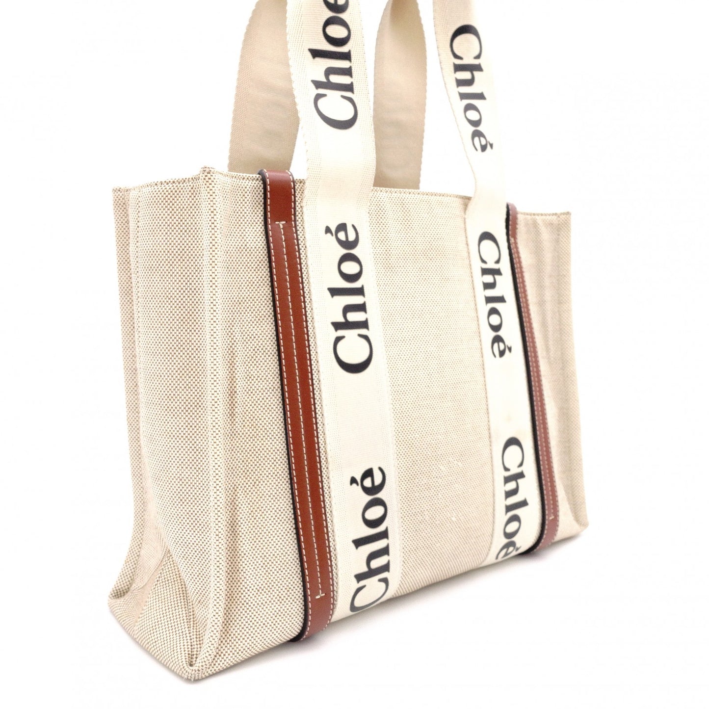 Chloe Woody Medium Tote Shoulder Bag, Cotton/Leather, Beige