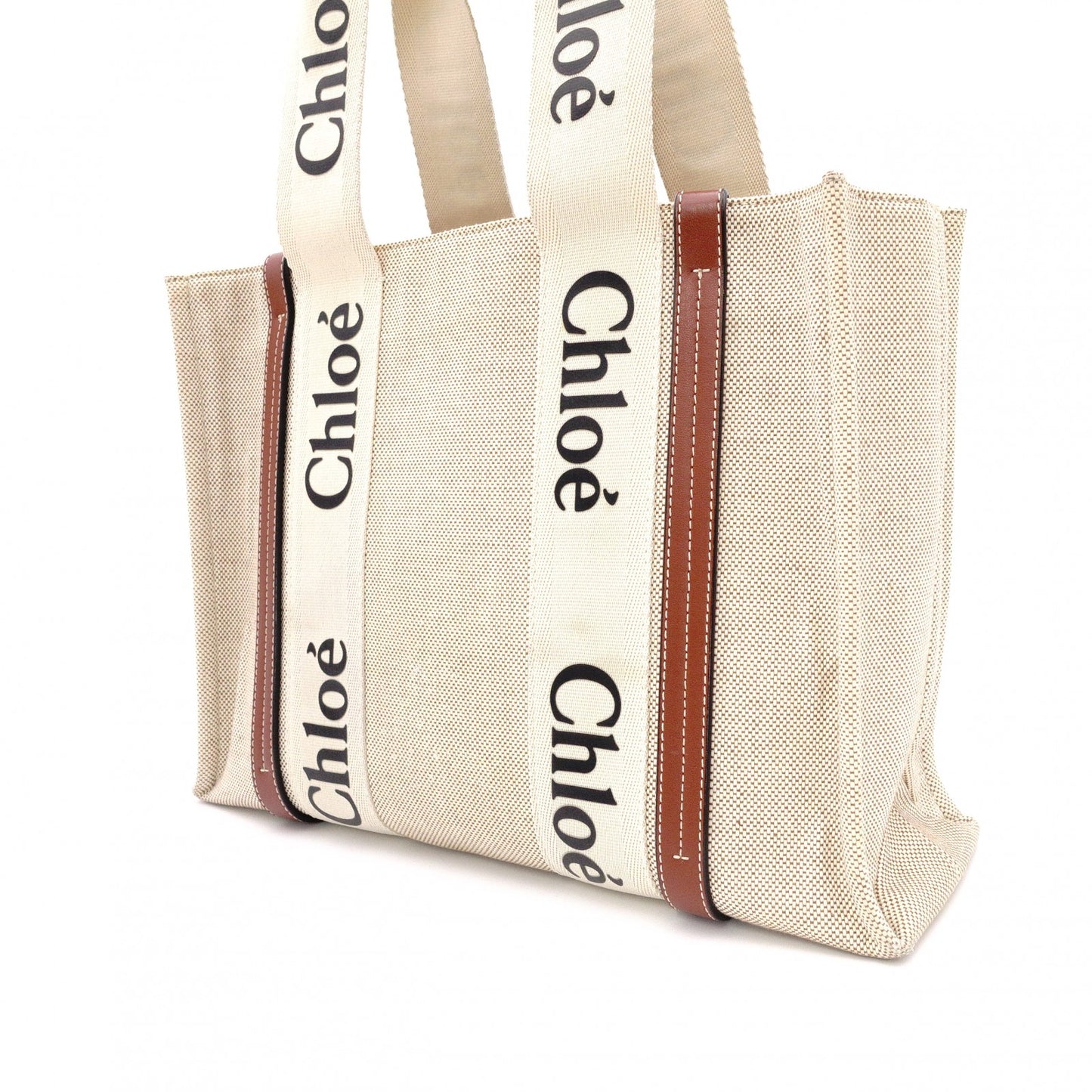 Chloe Woody Medium Tote Shoulder Bag, Cotton/Leather, Beige
