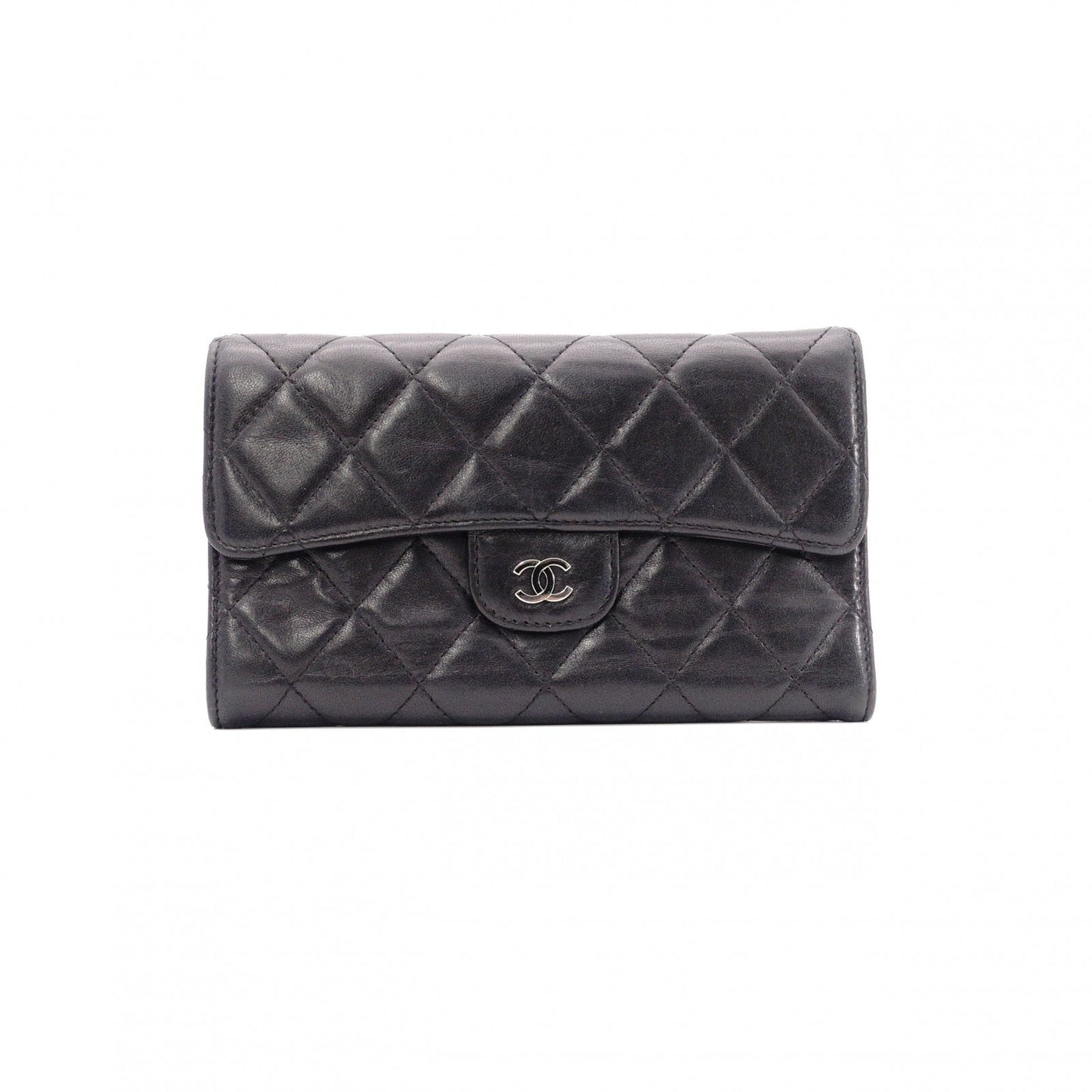 CHANEL Lambskin Matelassé Flap Long Wallet, Leather, Black, with Silver Hardware