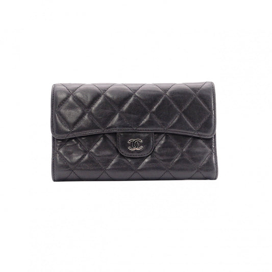 CHANEL Lambskin Matelassé Flap Long Wallet, Leather, Black, with Silver Hardware