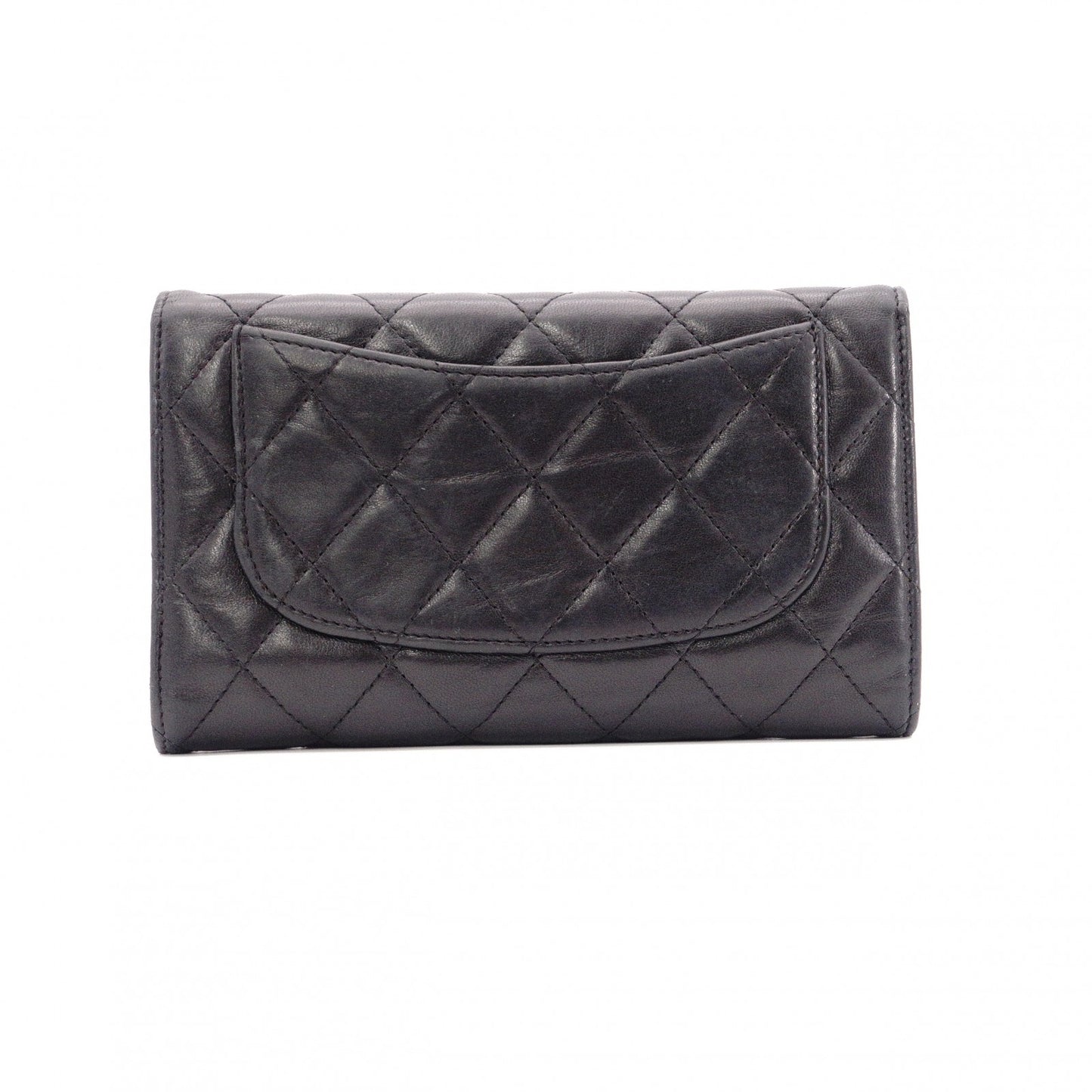 CHANEL Lambskin Matelassé Flap Long Wallet, Leather, Black, with Silver Hardware