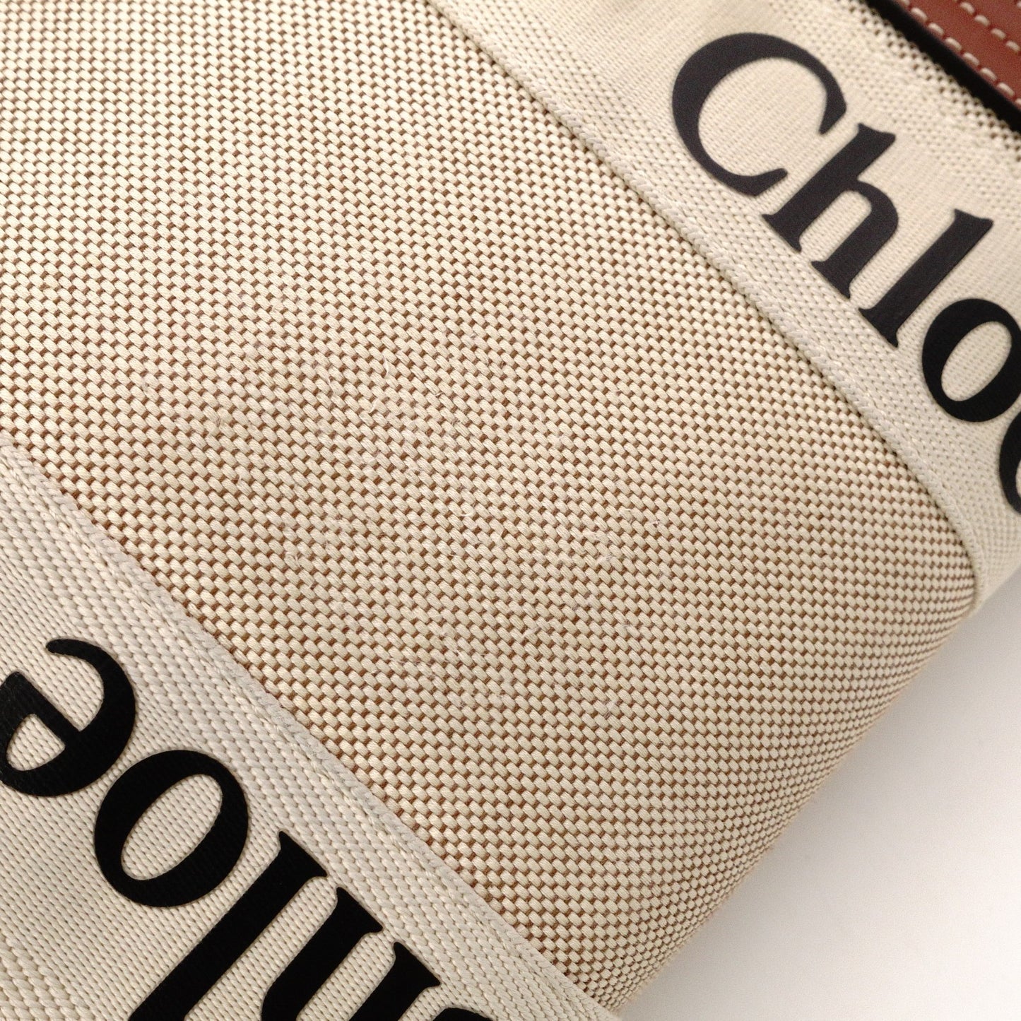 Chloe Woody Medium Tote Shoulder Bag, Cotton/Leather, Beige