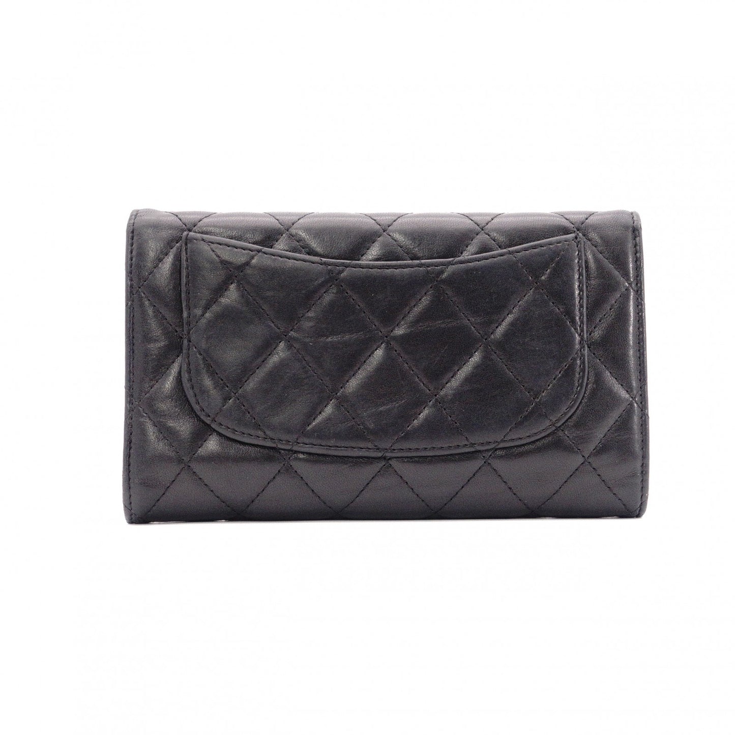CHANEL Lambskin Matelassé Flap Long Wallet, Leather, Black, with Silver Hardware