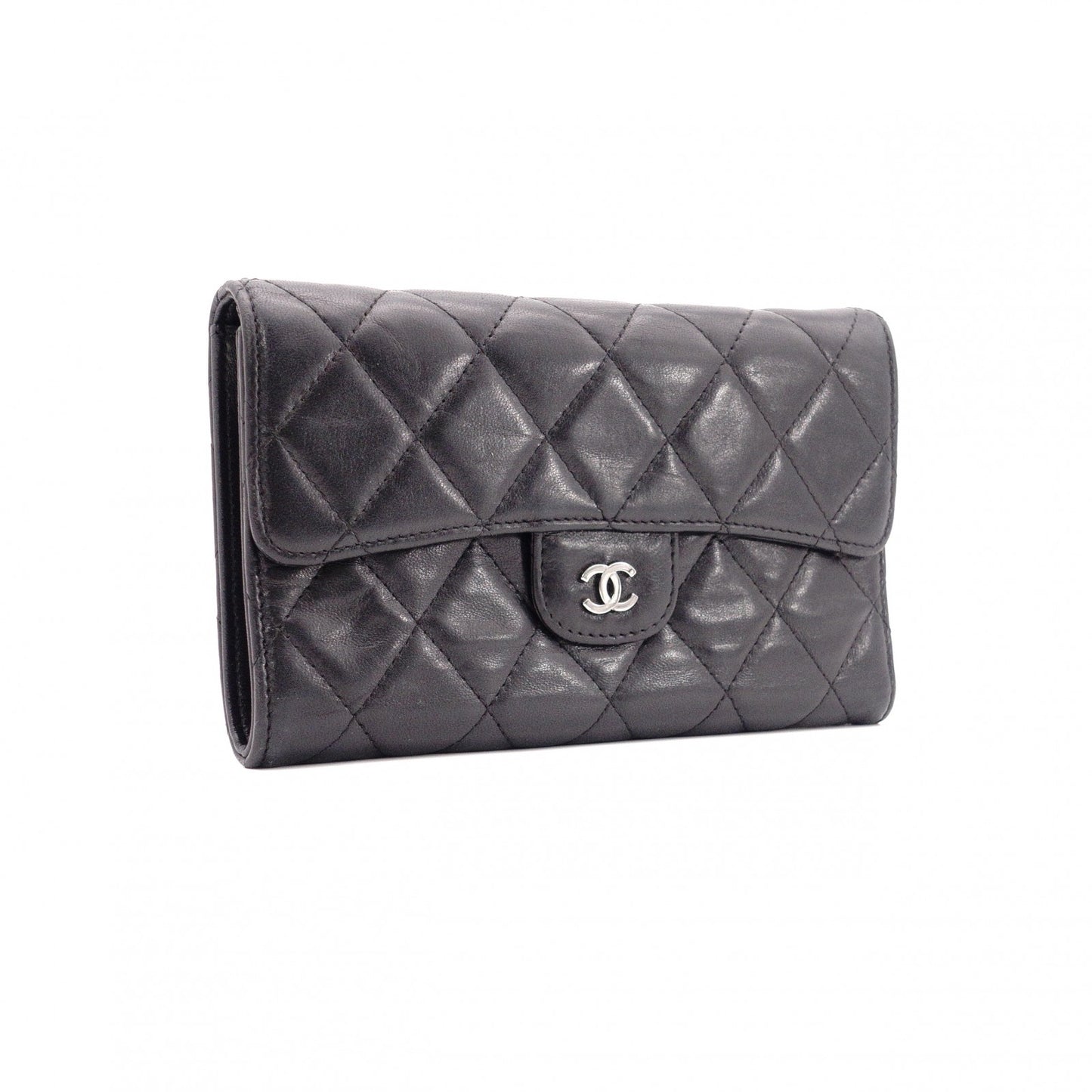 CHANEL Lambskin Matelassé Flap Long Wallet, Leather, Black, with Silver Hardware