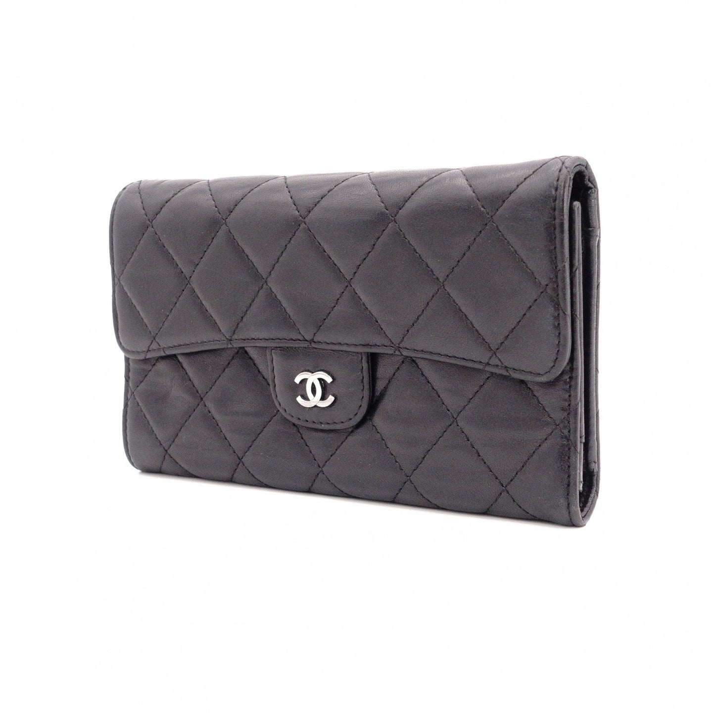 CHANEL Lambskin Matelassé Flap Long Wallet, Leather, Black, with Silver Hardware