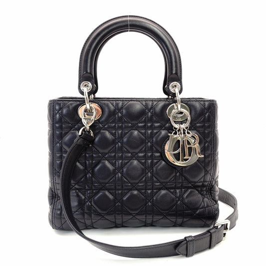 DIOR Lady Dior Medium Cannage Handbag Dark Navy Blue 2-Way Silver Hardware Shoulder R801102