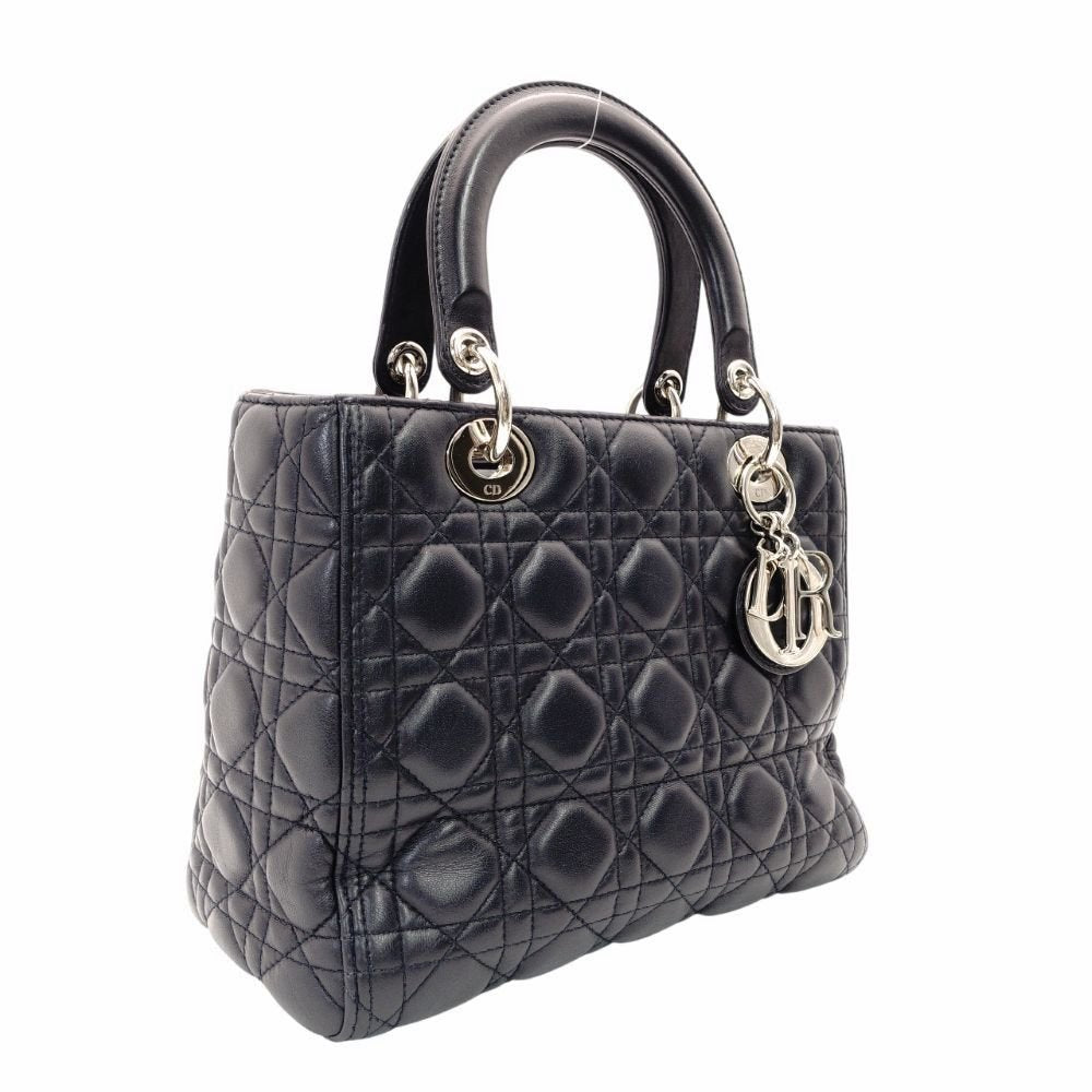 DIOR Lady Dior Medium Cannage Handbag Dark Navy Blue 2-Way Silver Hardware Shoulder R801102