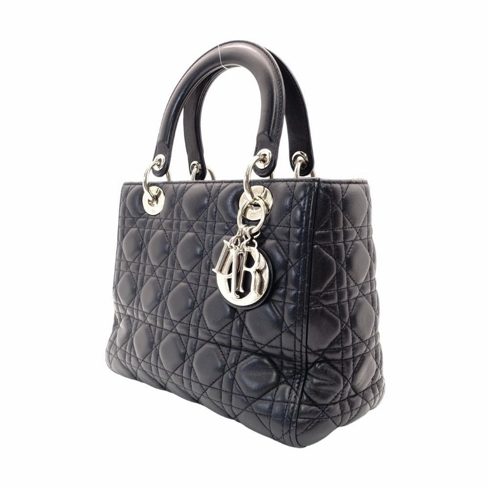 DIOR Lady Dior Medium Cannage Handbag Dark Navy Blue 2-Way Silver Hardware Shoulder R801102