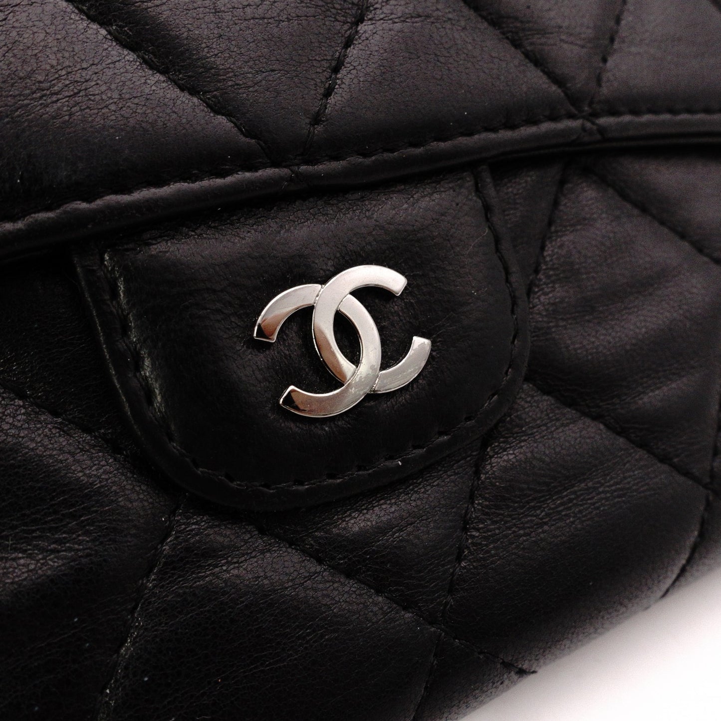 CHANEL Lambskin Matelassé Flap Long Wallet, Leather, Black, with Silver Hardware